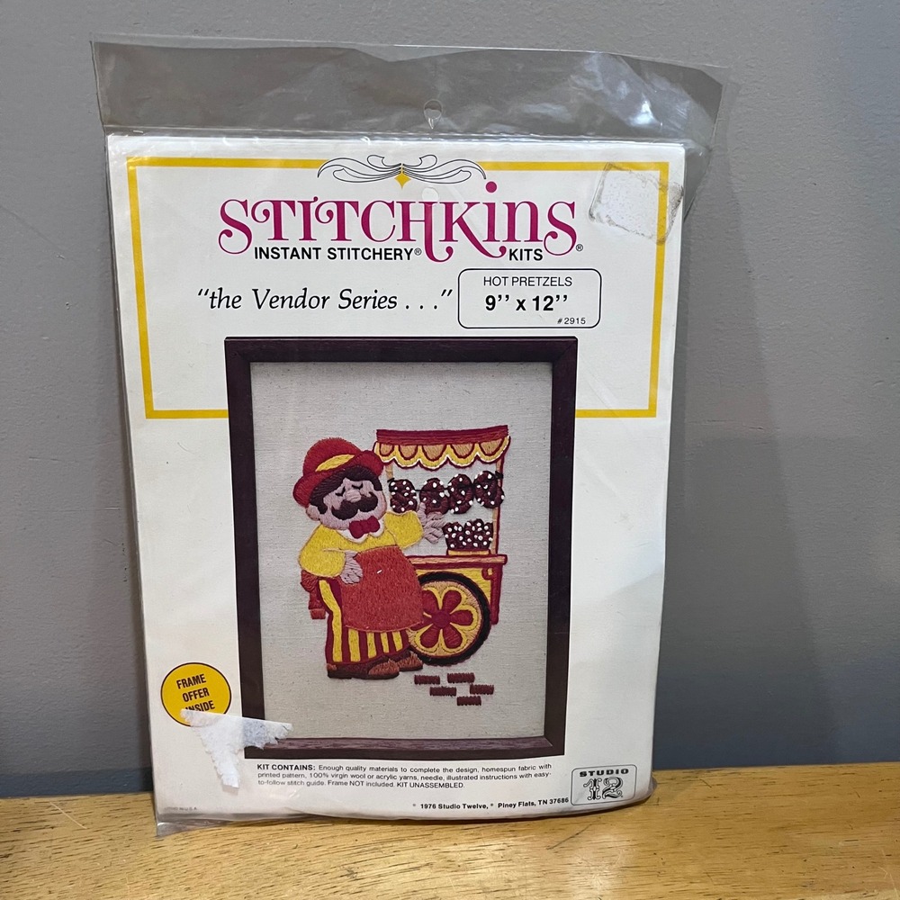 Vintage 1976 Studio Twelve Stitchkins‎ Hot Pretzels Crewel Embroidery Kit 2915